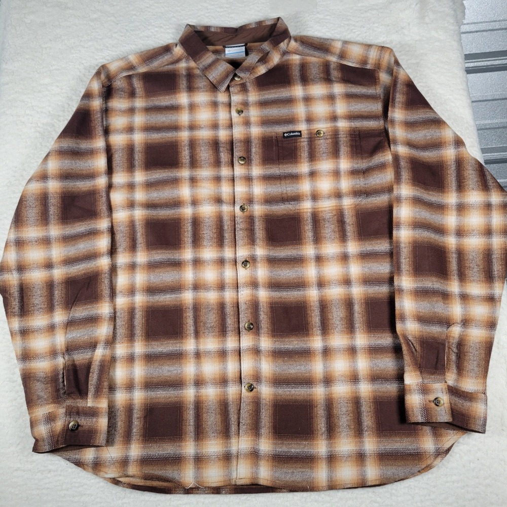 Columbia Button Down Shirt Mens XXL Brown Tan Plaid Long Sleeve Regular Fit‎ NEW